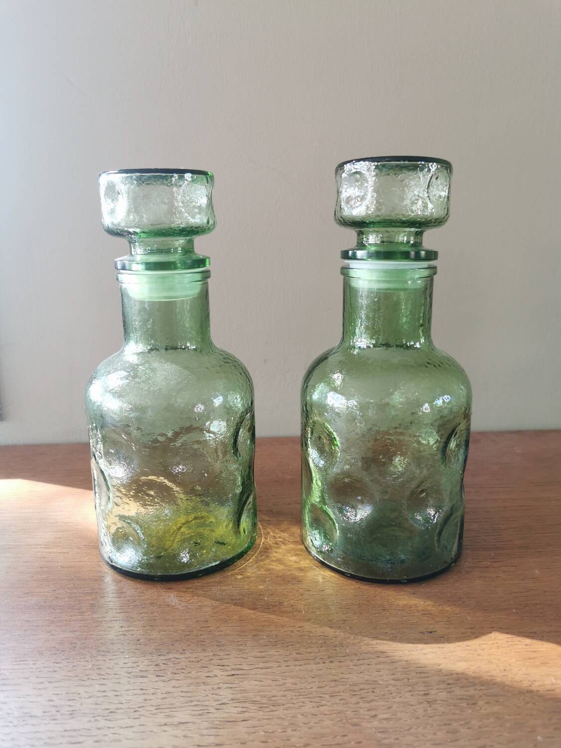 Pair of vintage 70s grainy glass carafes