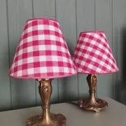 Pair of small lamps in gilded bronze by Petitot and red gingham lampshades.