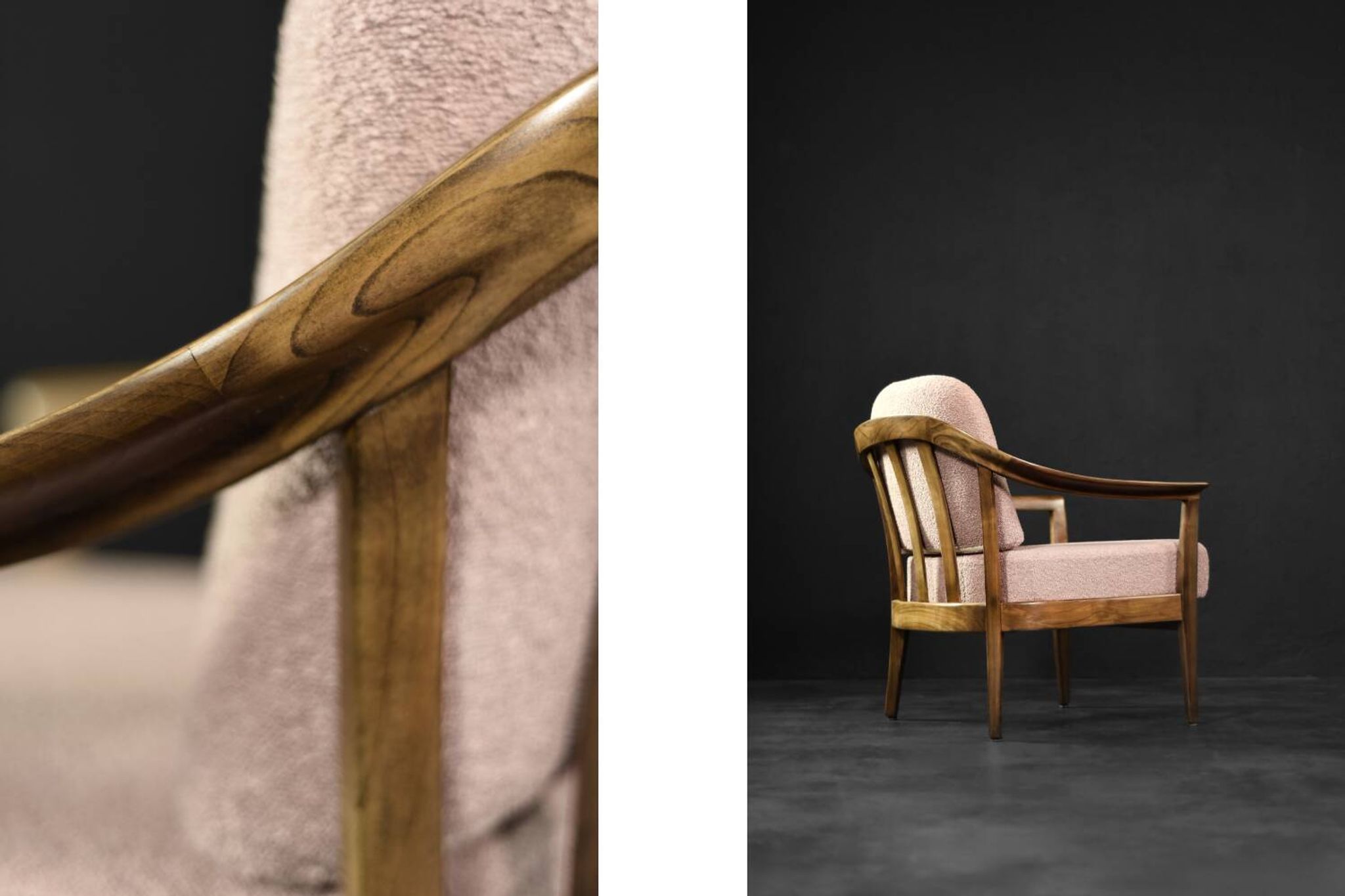Pair of Mid-Century German Elegant Cherry Wood and Dusty Pink Fabric Armchairs