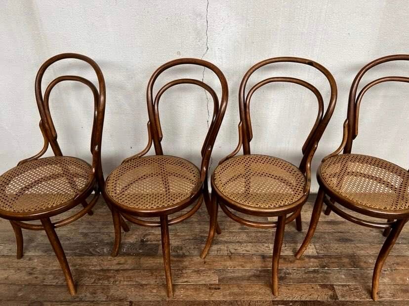 set of 4 bistro chairs in curved wood from the 1920s 1930s Canned seat