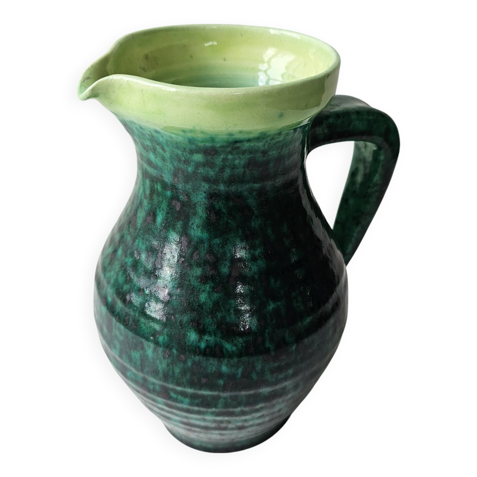Green glazed ceramic pitcher Signed ACCOLAY