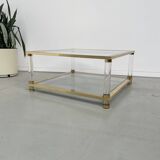 Table basse lucite, laiton et verre années 70