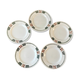 Set of 5 flat plates Terre de Fer Charbonnier Salins model "Courbet" early twentieth century