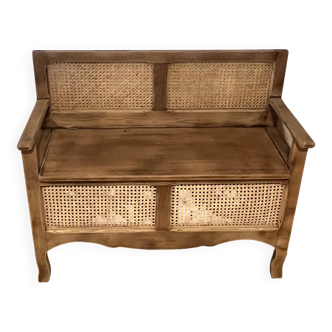 Antique oak chest with raw wood and caning