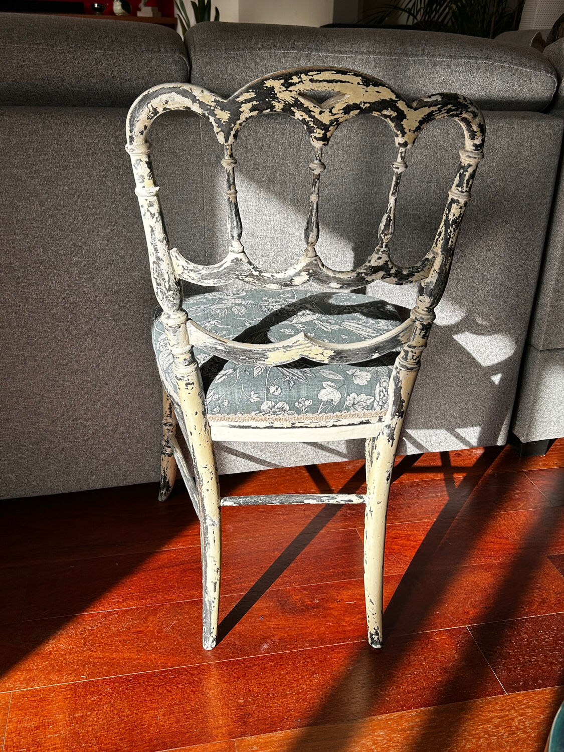 Restored Napoléon III chair in blue-grey floral.