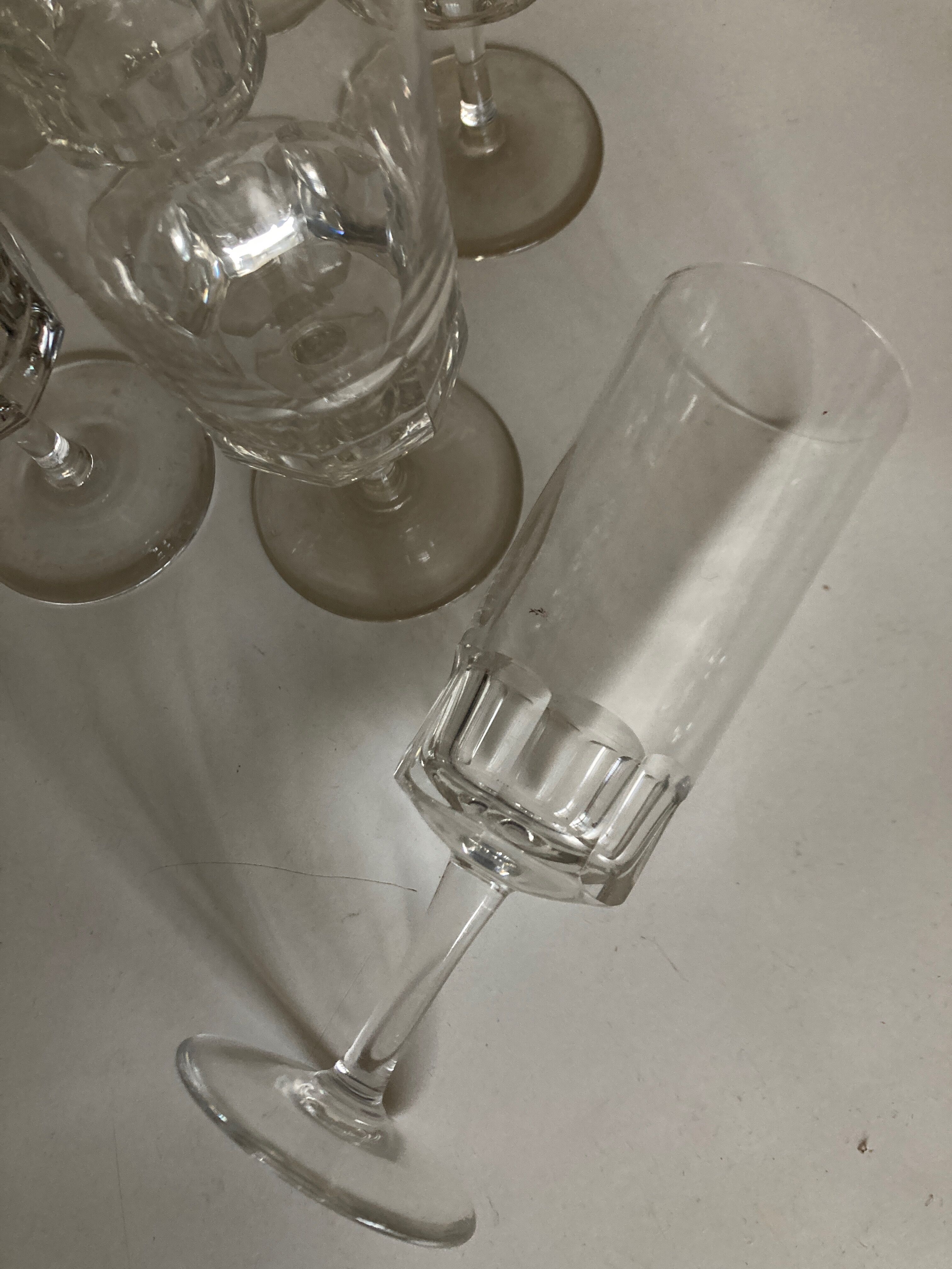 Product BHV Set of 9 crystal flutes sounding with short flat sides 1960