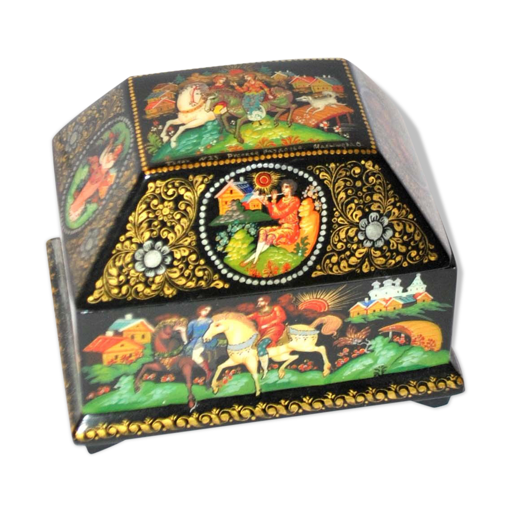 Boîte Russe Miniature En Pierre De Mouten Oural Laquée Palekh - Coq D'or Avec Broche - N°93