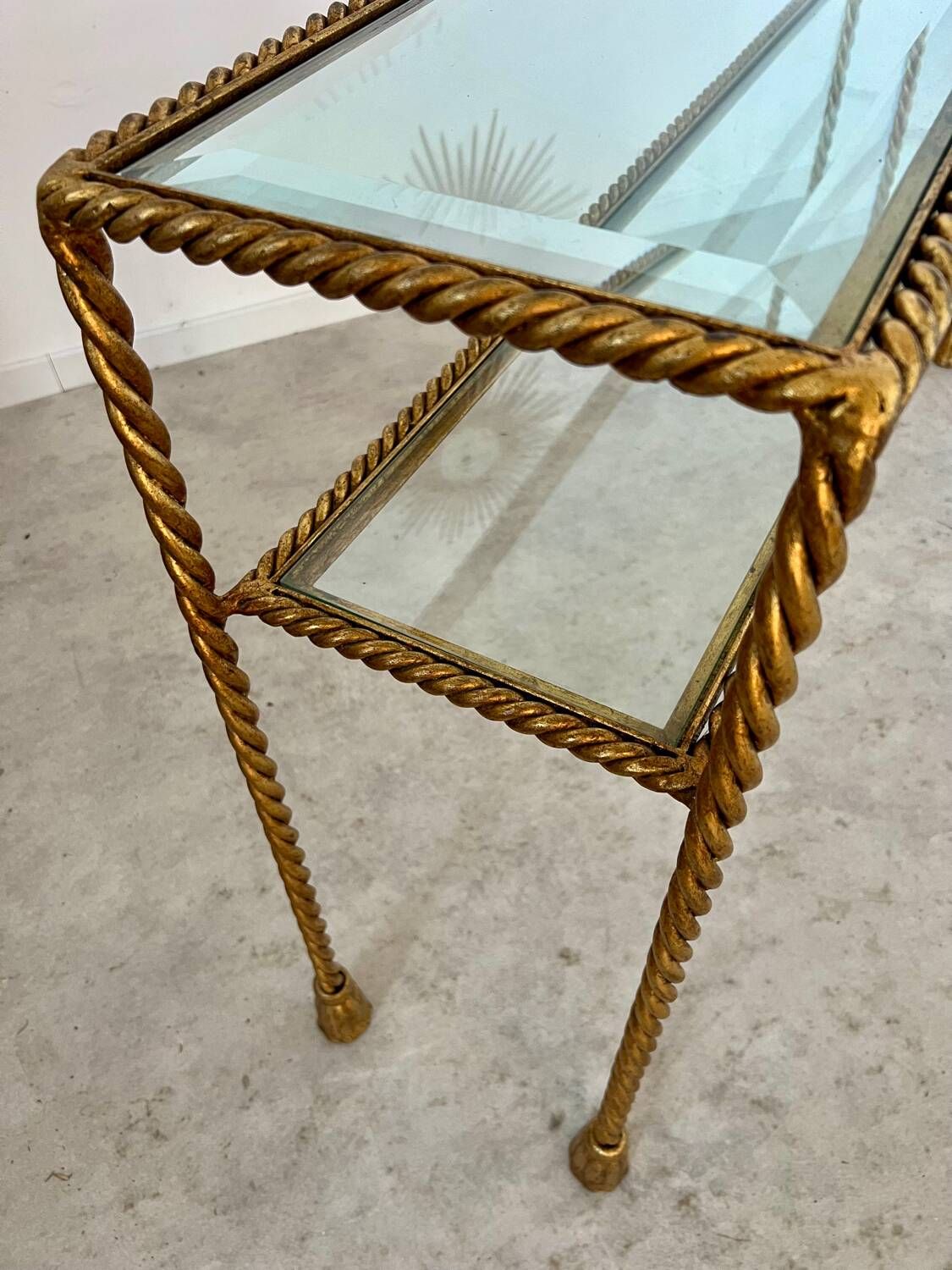 Antique console table in twisted gilded brass and glass Italian design from the 60s vintage table