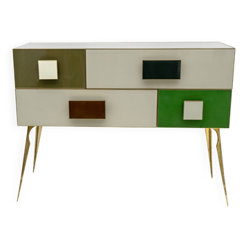 Commode italienne postmoderne en verre coloré et laiton, années 1980