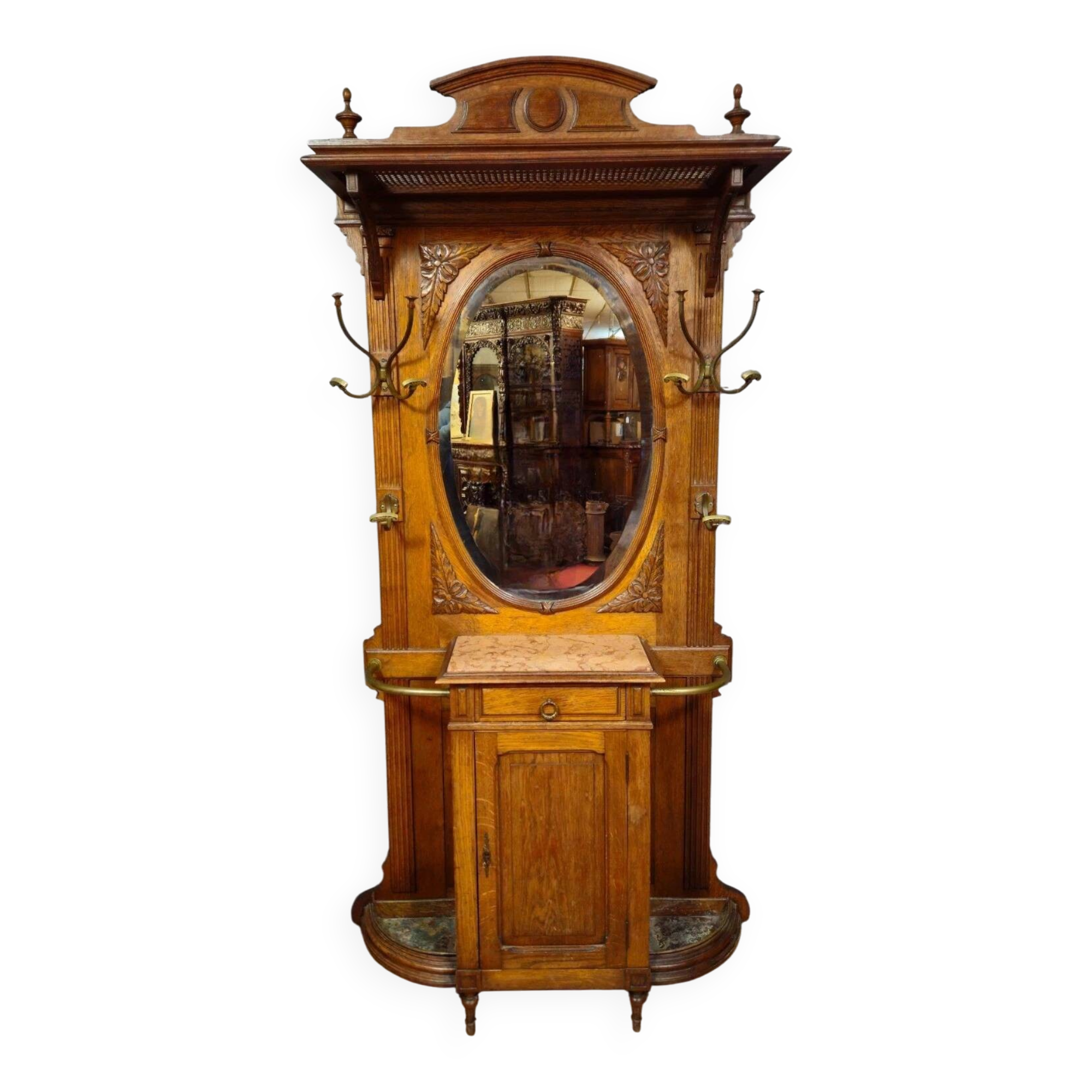 Coat rack - antique oak coat stand - mirror - marble