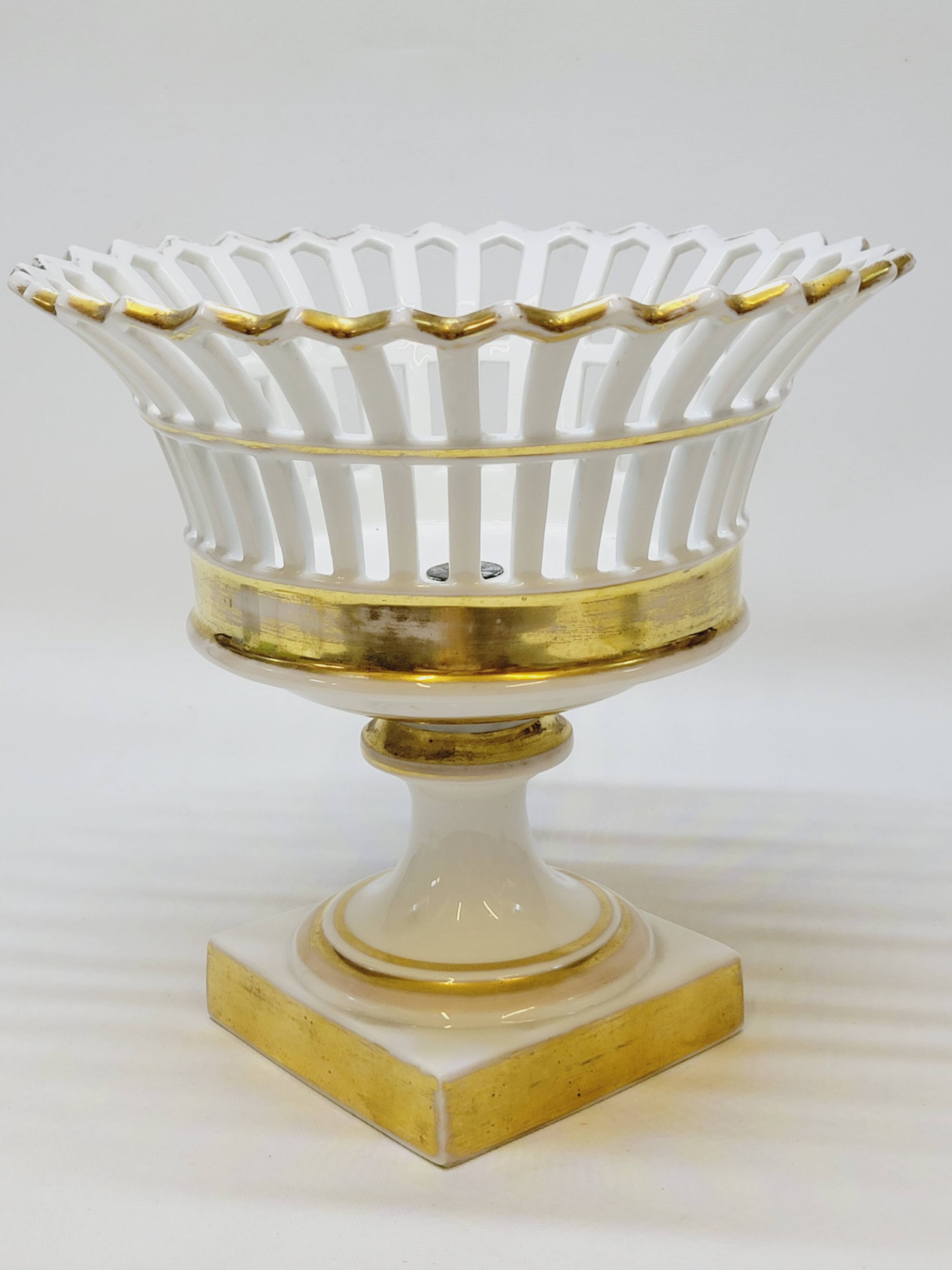 Bowl on Pedestal Openwork Basket White and Gold Porcelain Restoration E