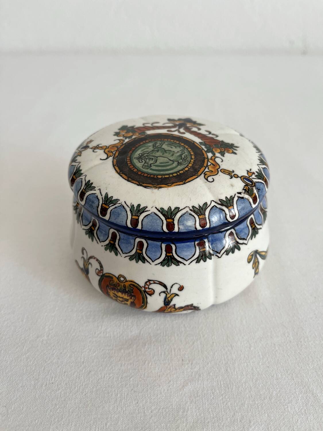 Antique Gien earthenware candy box with Renaissance decor