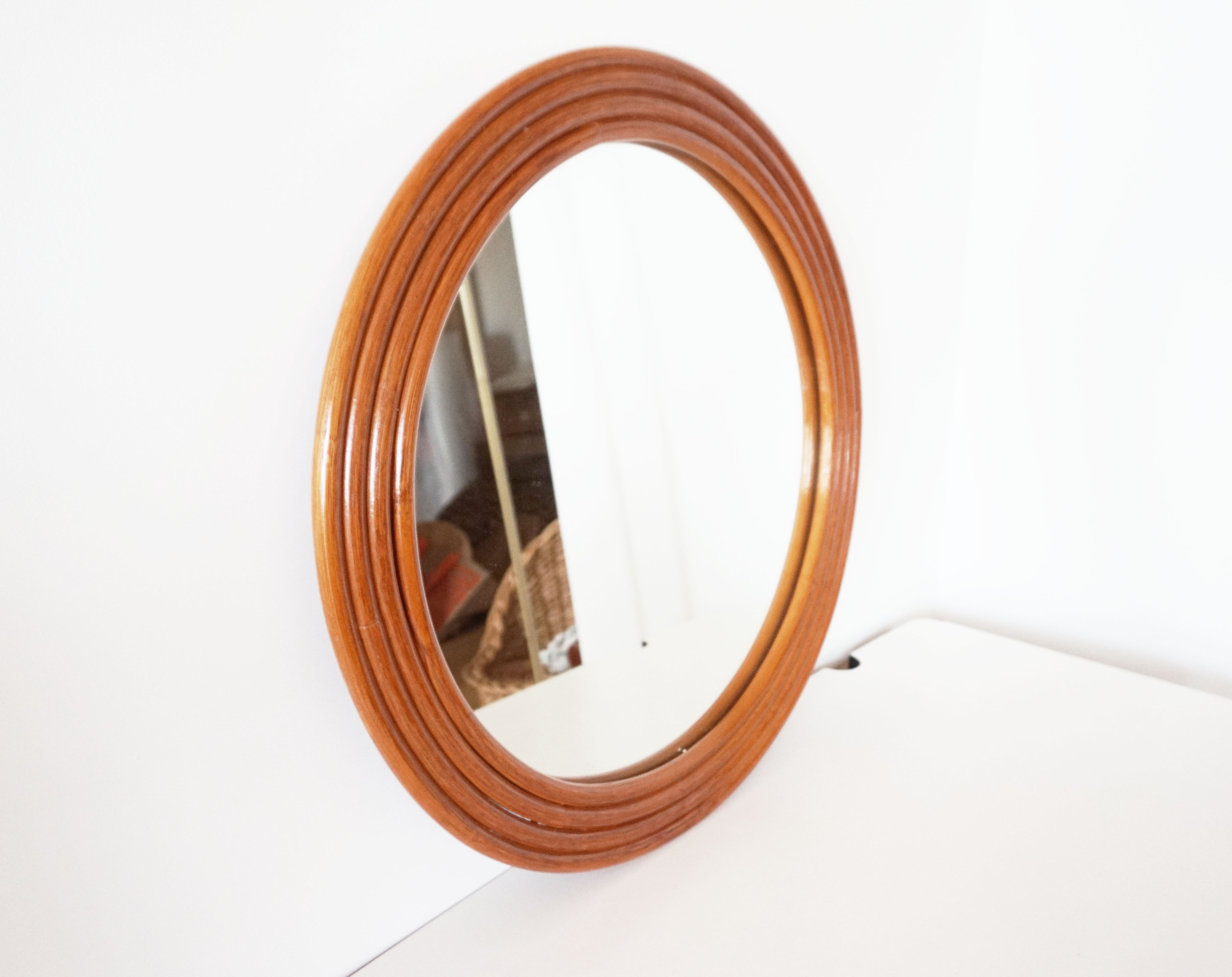 Round mirror in vintage rattan bamboo