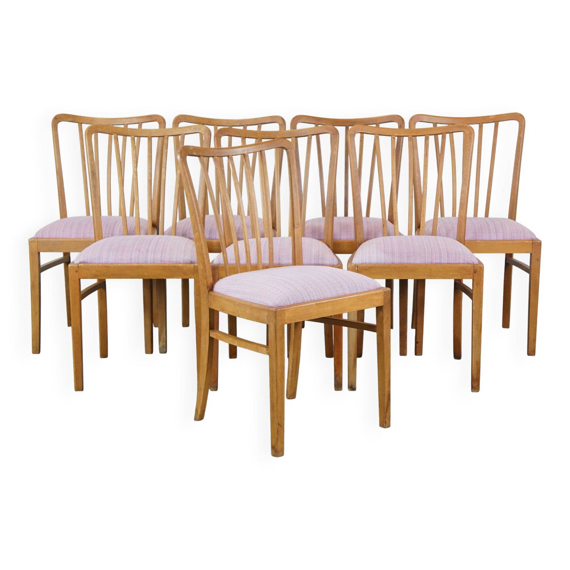 Set of 8 vintage Danish design dining chairs from the 1970s with light purple fabric seats