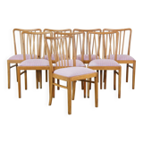 Set of 8 vintage Danish design dining chairs from the 1970s with light purple fabric seats