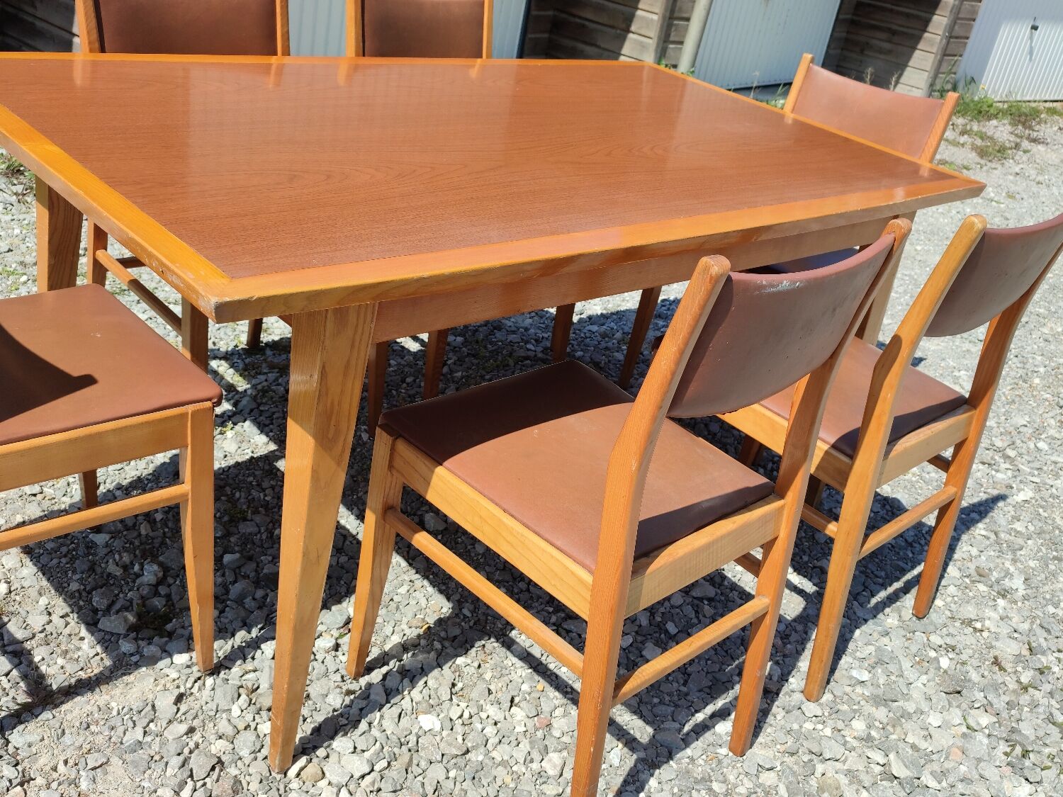 Formica teak table + 10 vintage Scandinavian style chairs