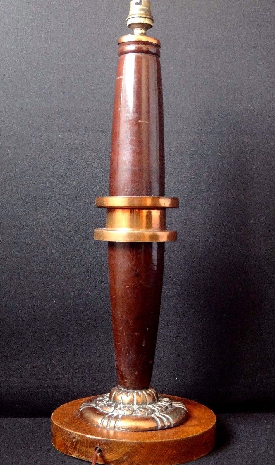 Art deco lamp foot wood copper stylized flowers 1925 design 52cm