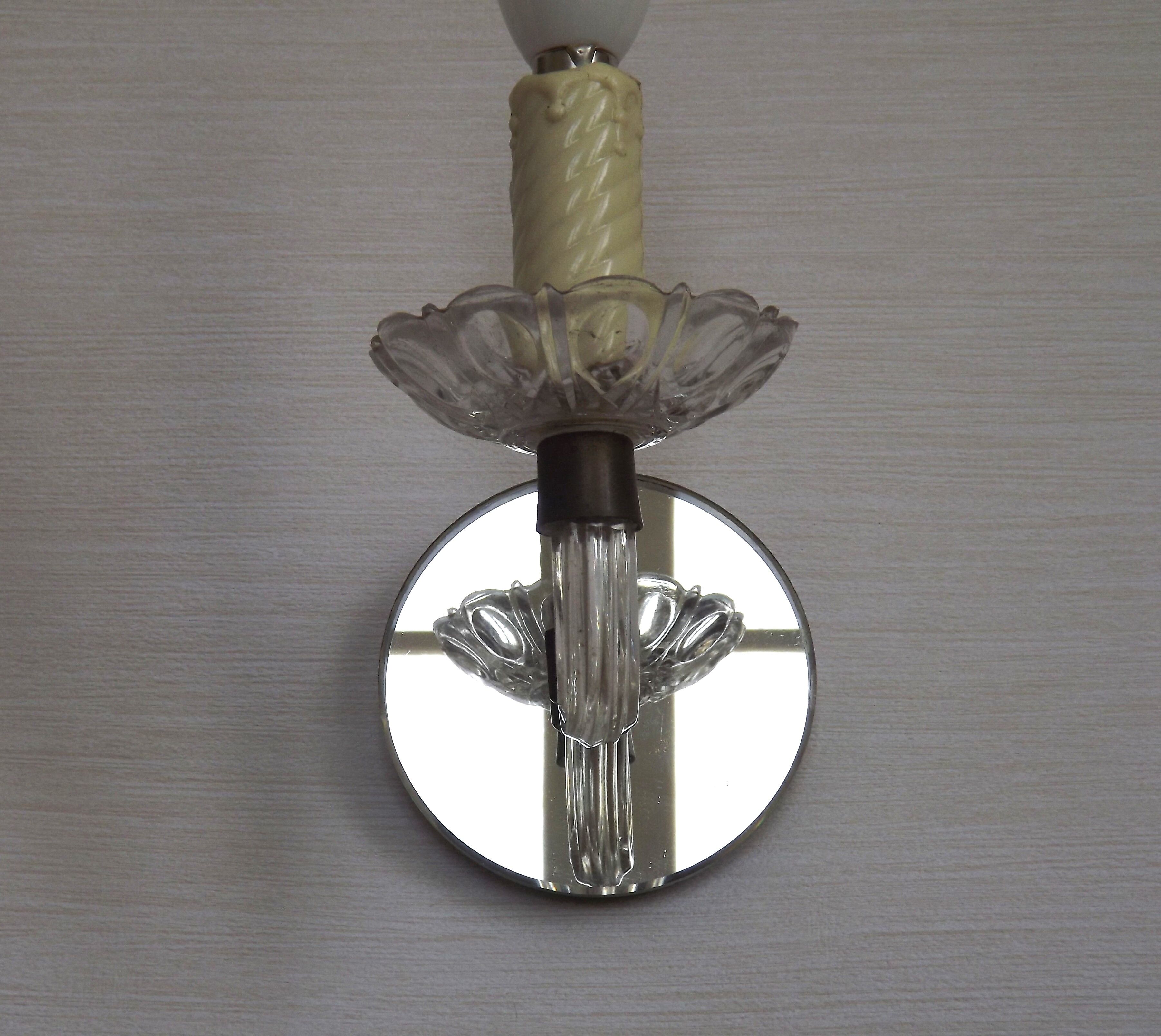 French Vintage Small Mirrored Backplate Wall Sconce Glass Arm & Bobeche