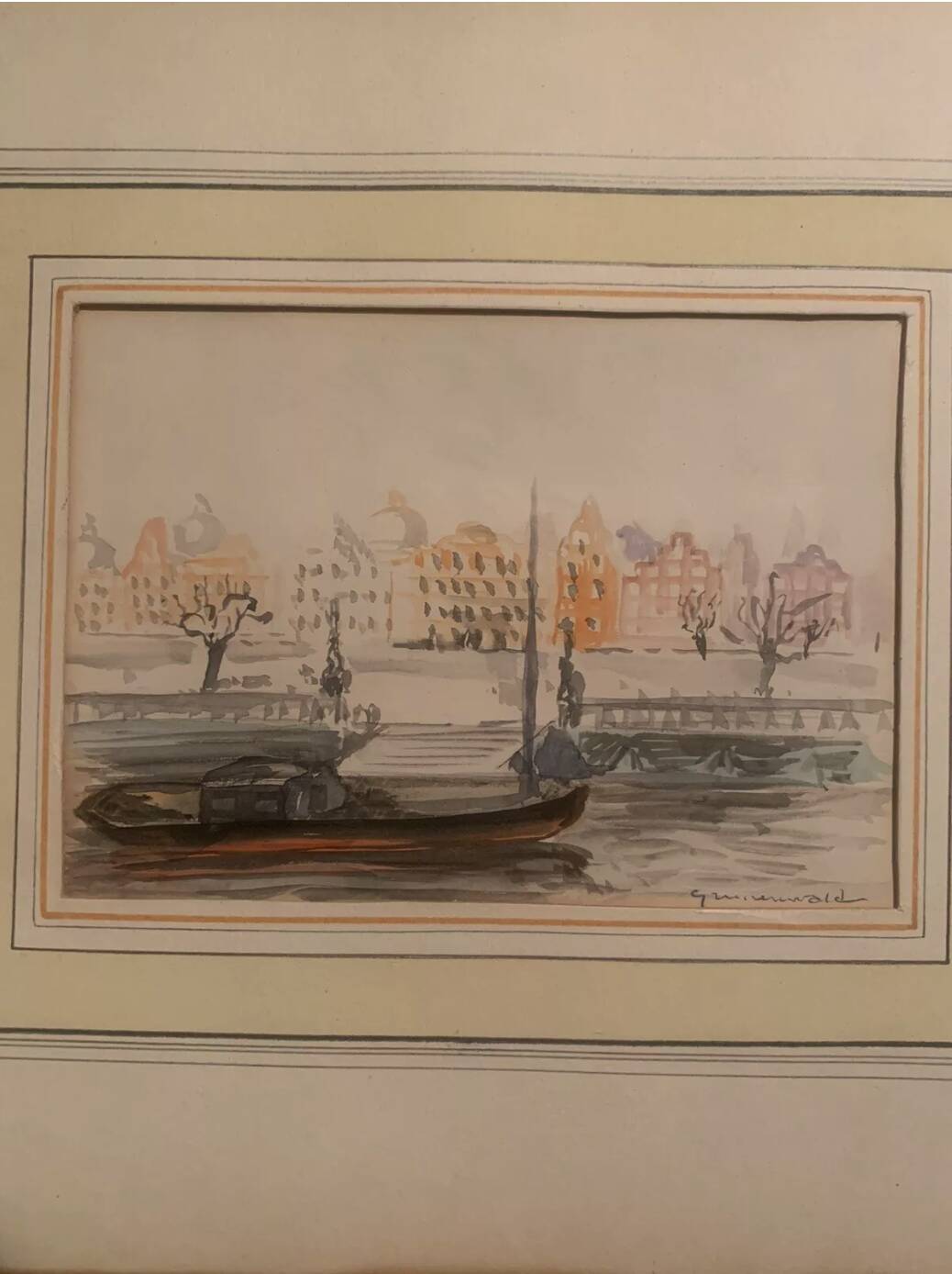 Jean Jacques GRUNENWALD (1911 - 1982) - Watercolor - Barge in Town