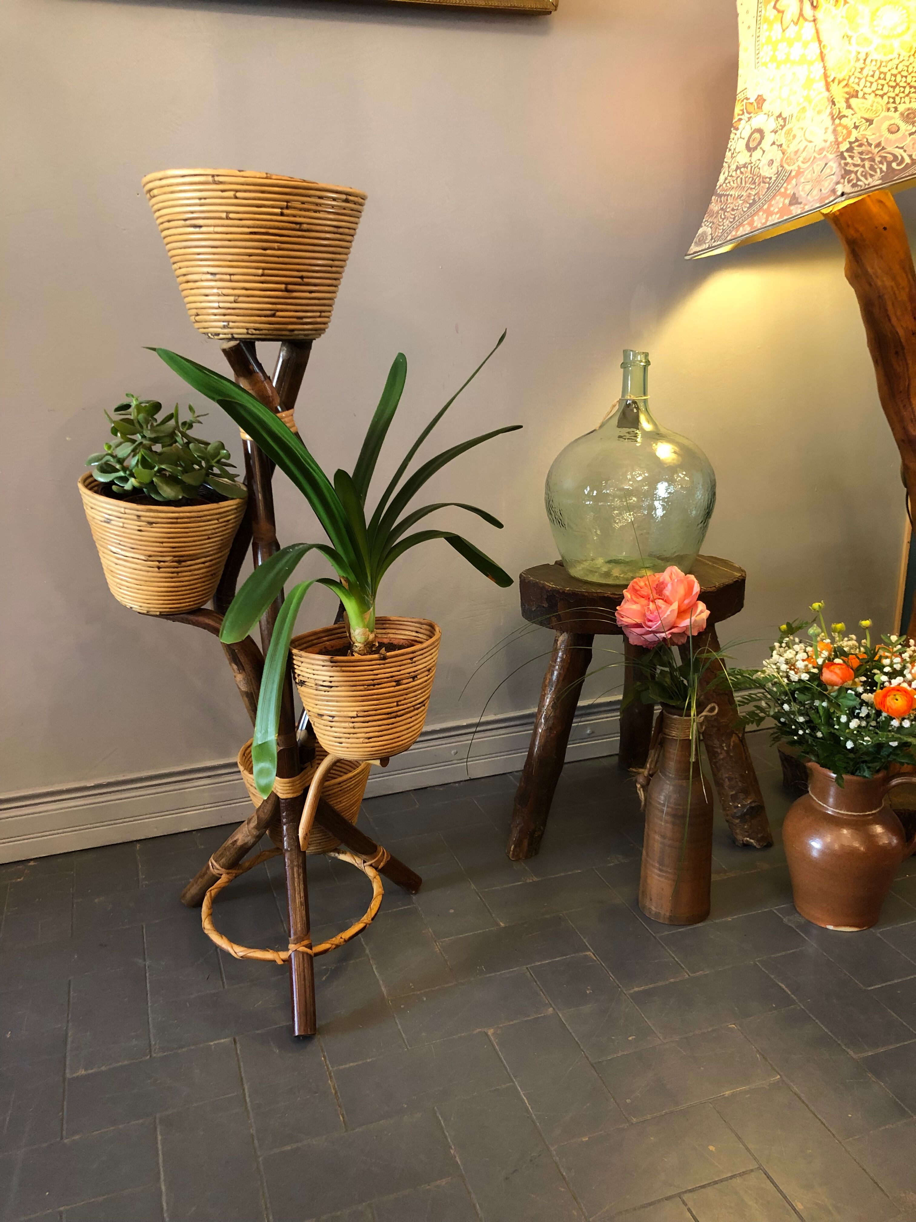 Vintage bamboo and rattan plant holder