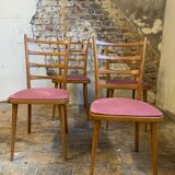 Set of 4 vintage Scandinavian style chairs with old pink velvet seat