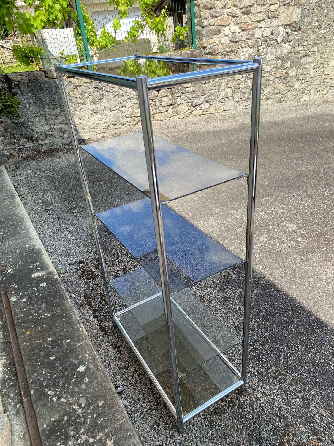 Vintage 1970s Rectangular Chrome High Shelf with 5 Smoked Glass Shelves