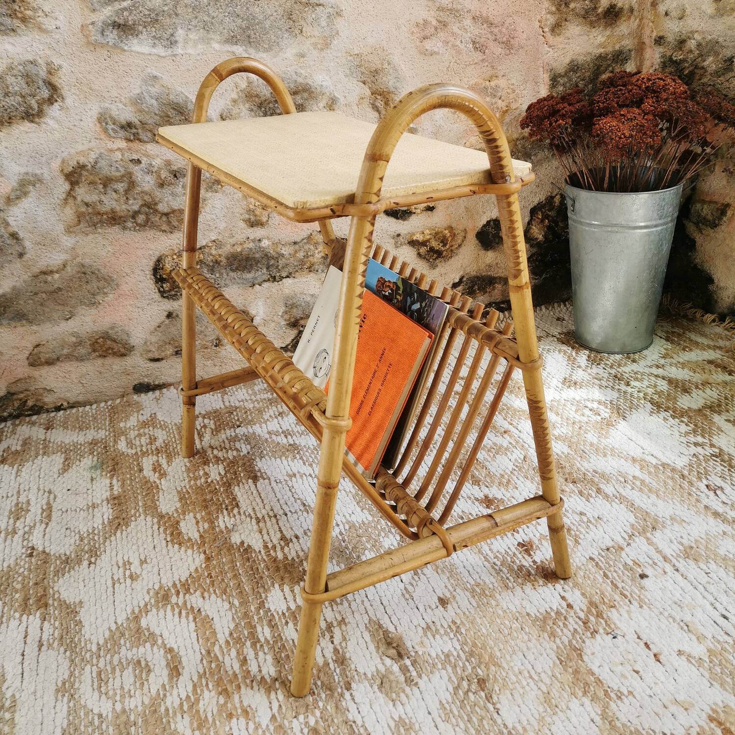 Rattan magazine rack, vintage side table