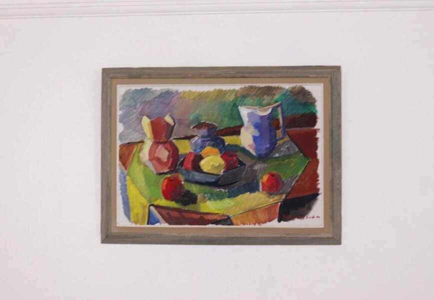 Original mid-century Swedish oil on canvas – “Kubisk Jug and Fruit” by Bror Göransson – vintage & framed – 75 × 58 cm (29.5" × 22.8")