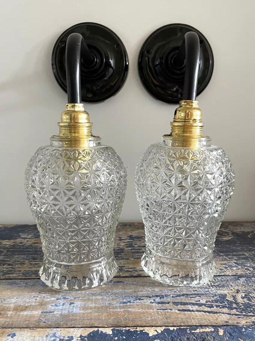 Pair of vintage electrified glass wall lamps