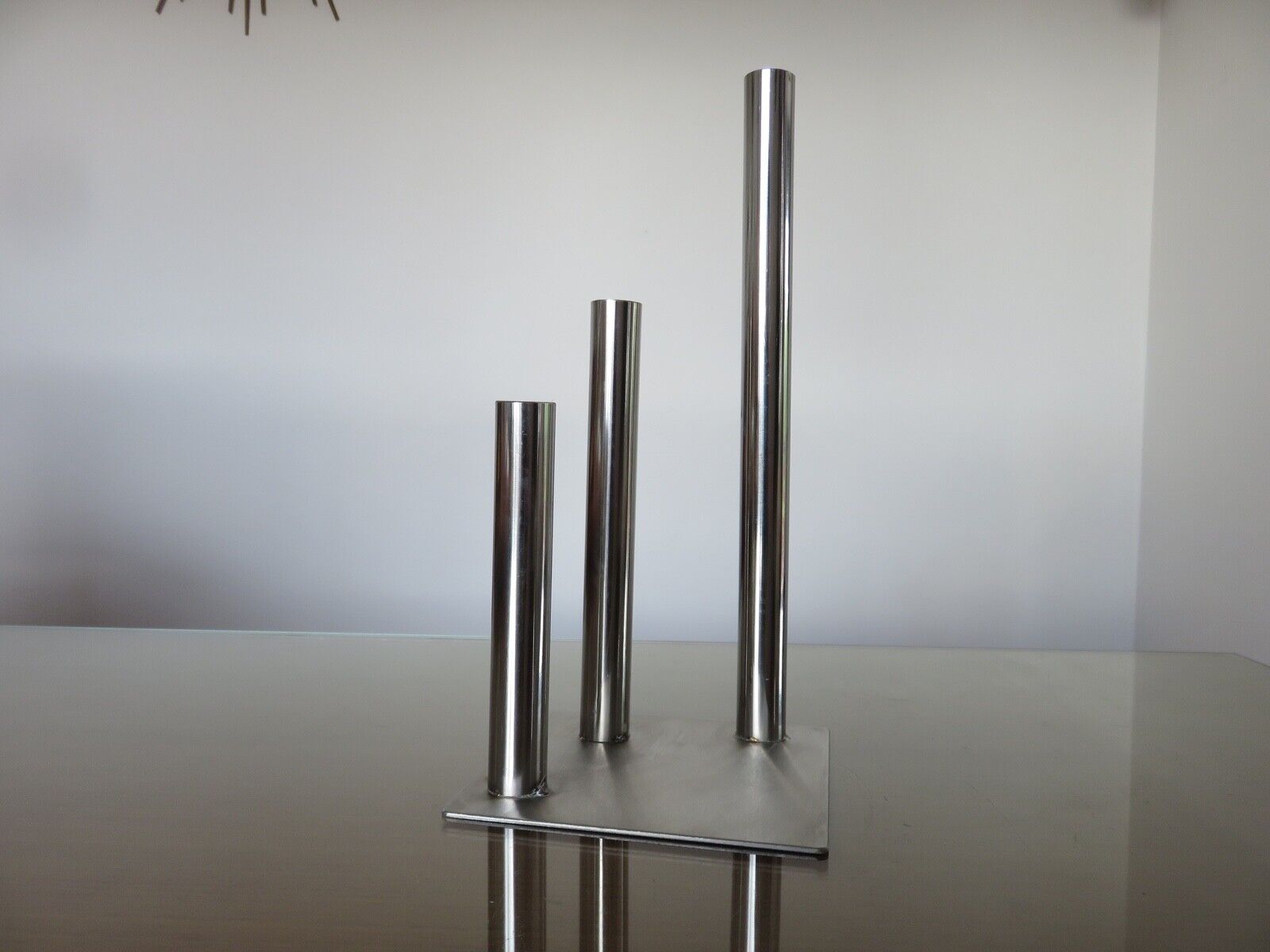 Triple candle holder, modernist, minimalist stainless steel 1970