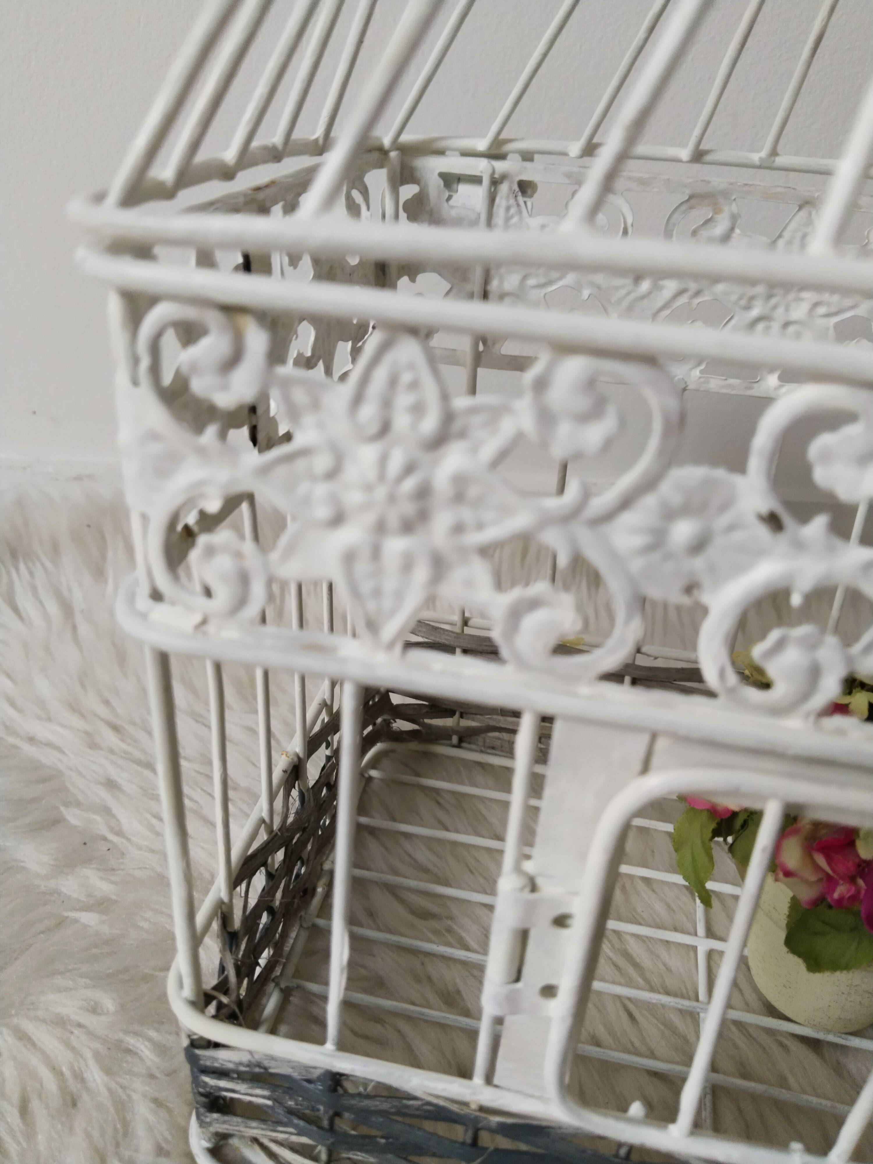 Cage for metal decoration, white patina and rattan, wedding decoration, aviary