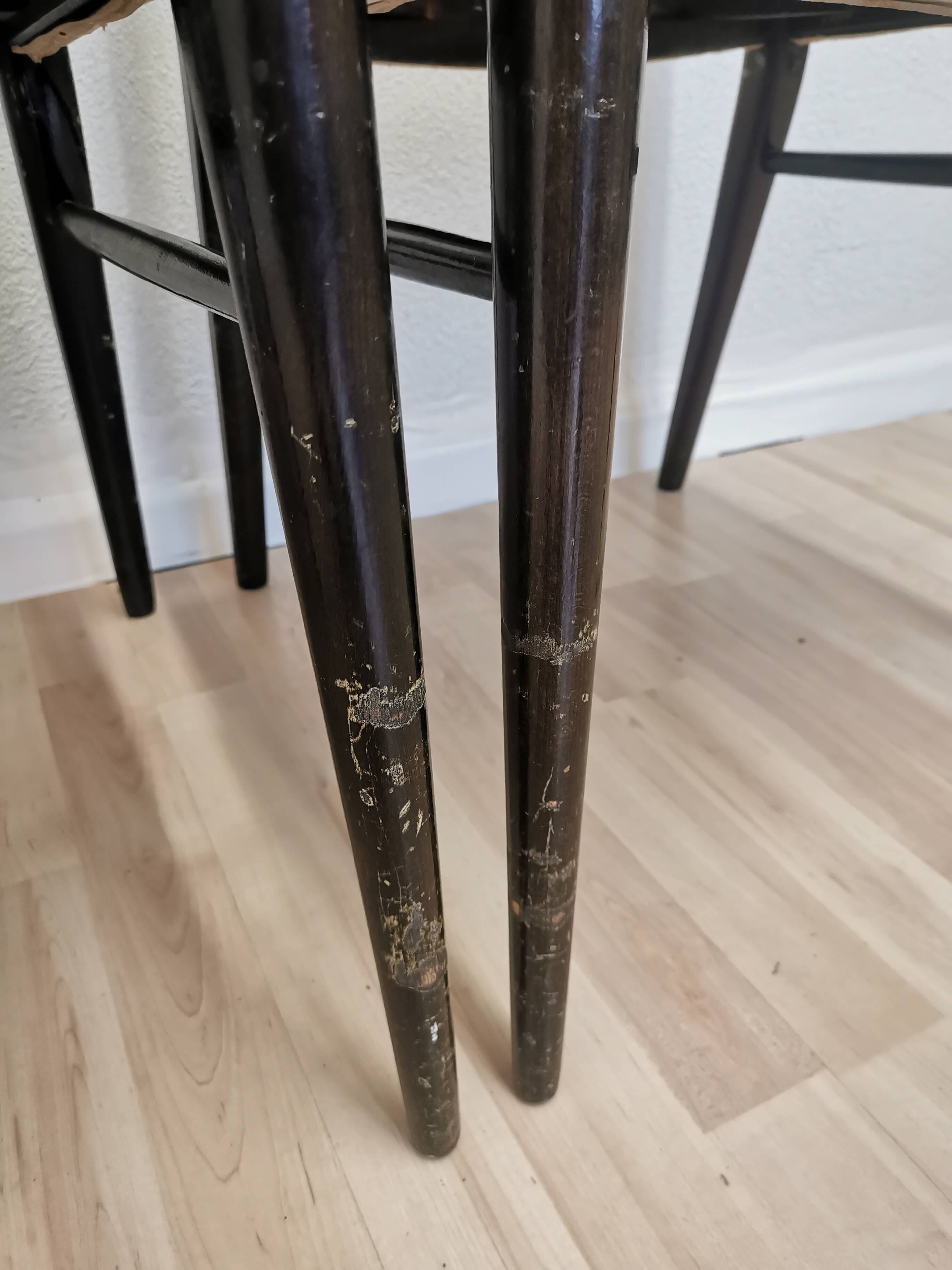 Set of 4 Vintage Wooden Dining Chairs: Beige Faux Leather, Mid-Century Retro