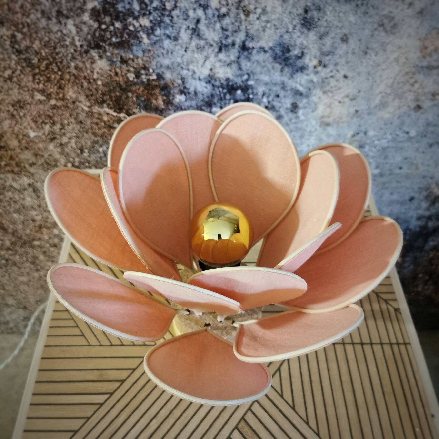 Flower table lamp made of rattan and blush pink linen petals