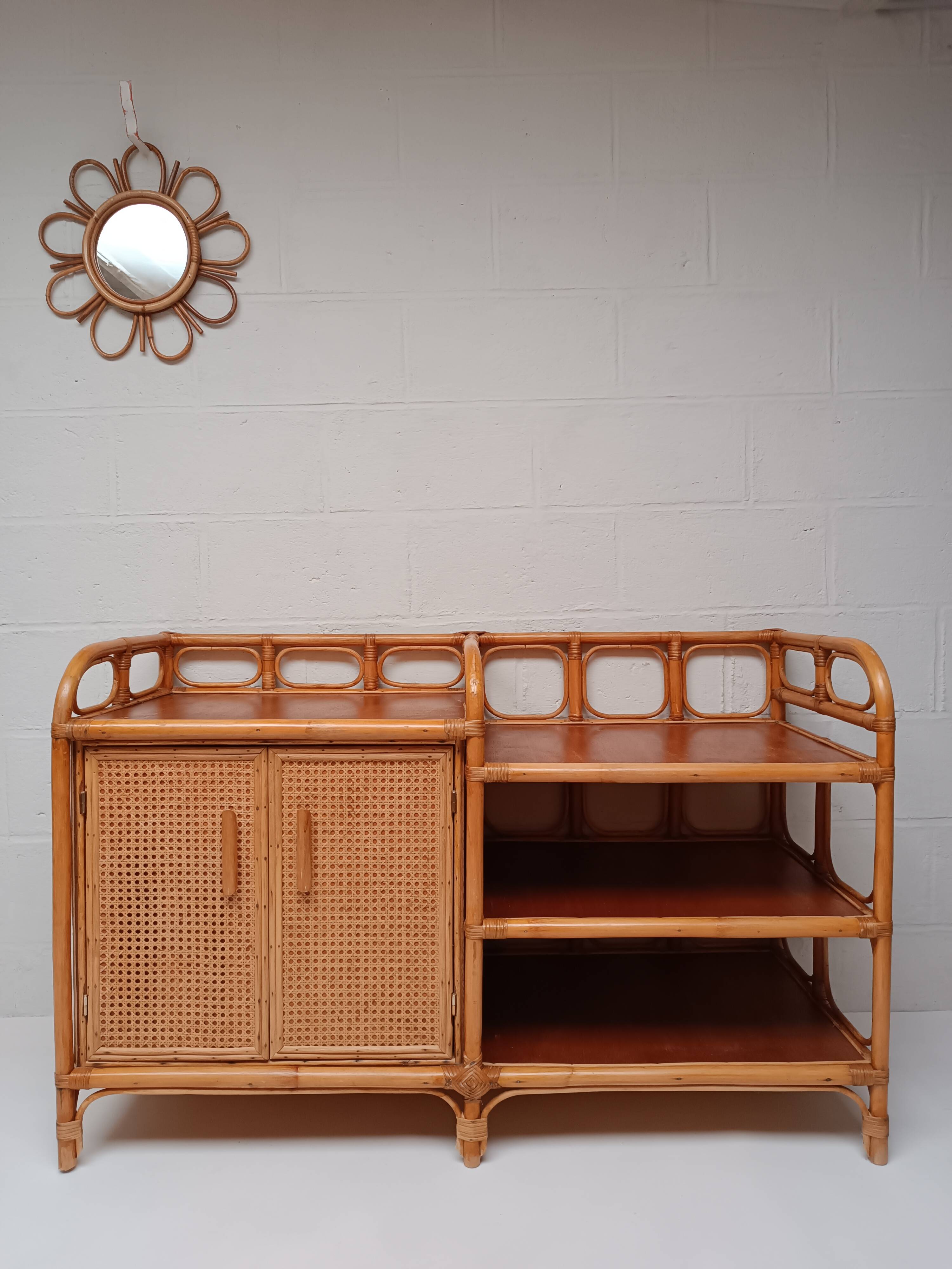 Vintage cane rattan and wood sideboard