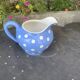 Lavender blue earthenware tea service with white polka dots from Digoin Sarreguemines.