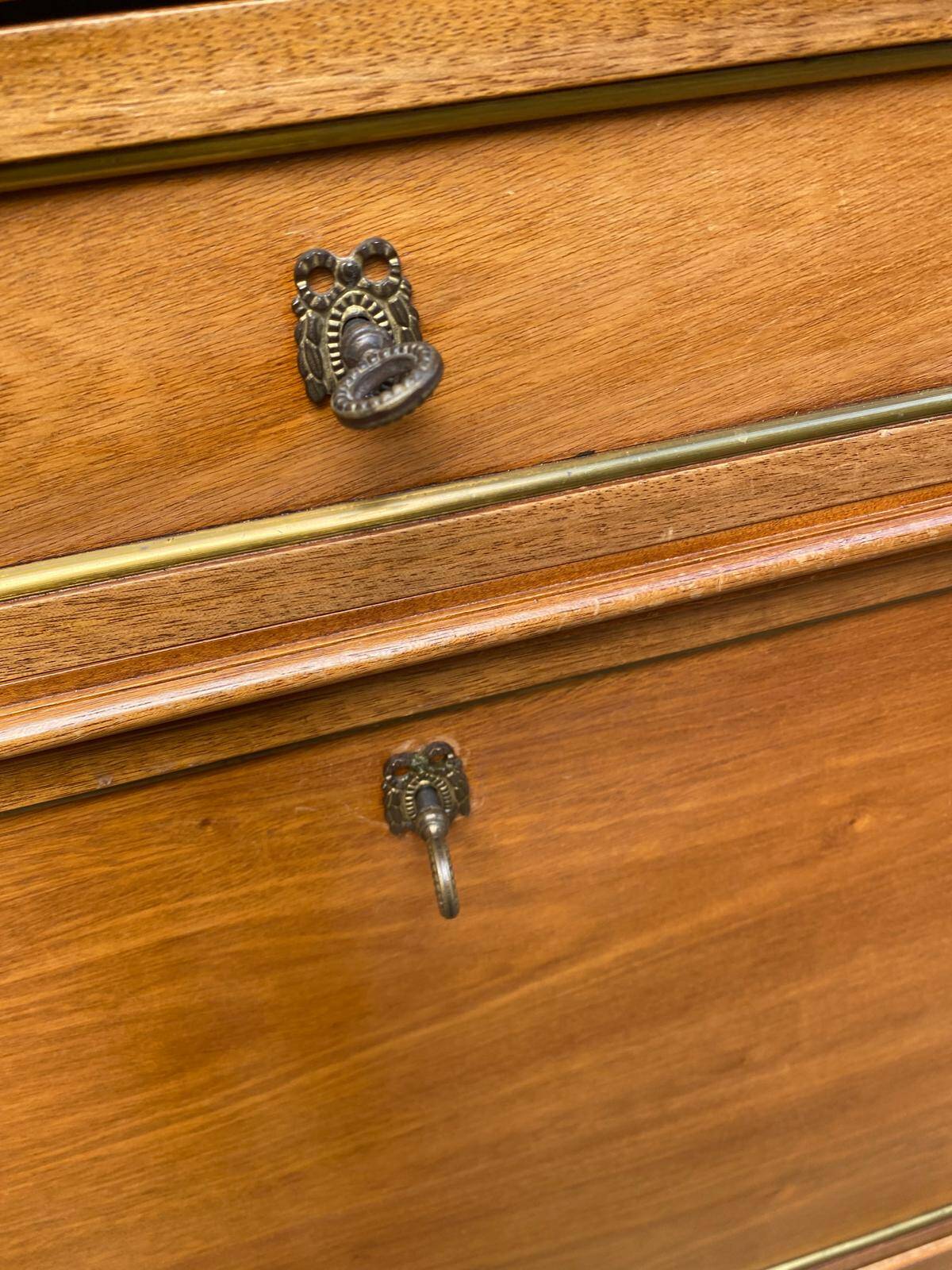 Secretary with drop-leaf in Louis XVI style, made of solid wood and brass, desk/commode.