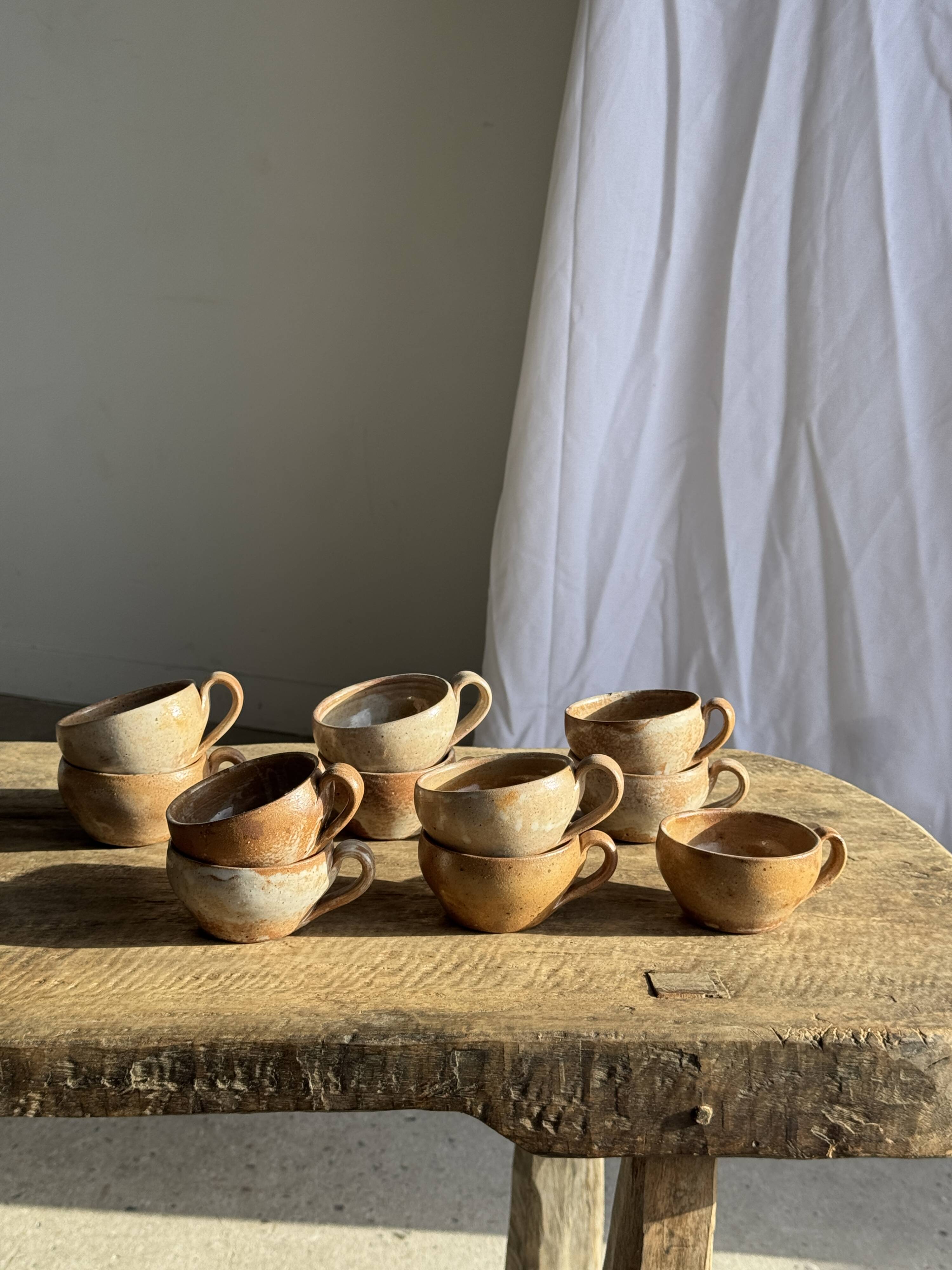 Set of 11 vintage coffee cups, raw matte stoneware H11