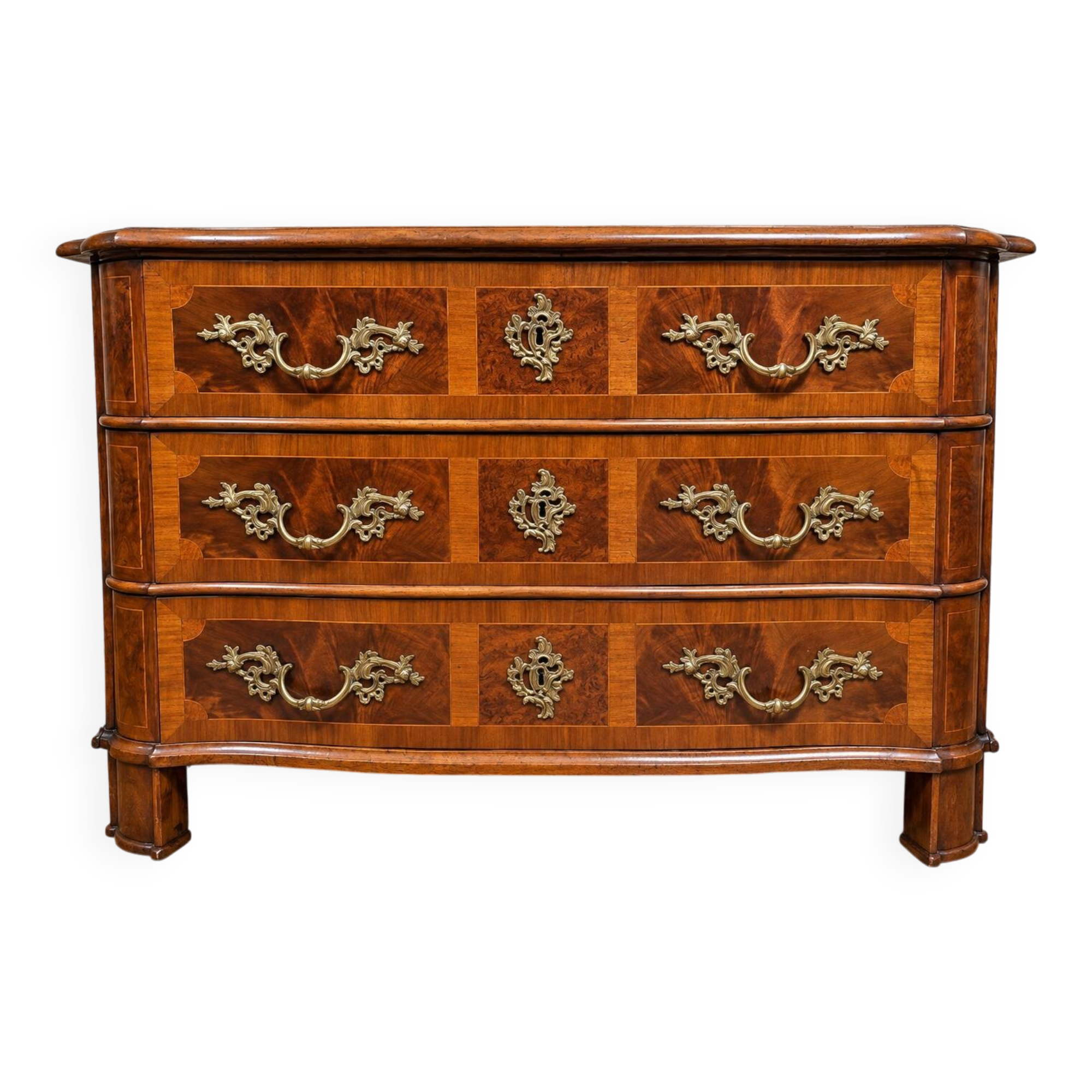 Curved commode from the Louis XIV period in marquetry - adorned with gilded bronze fittings.