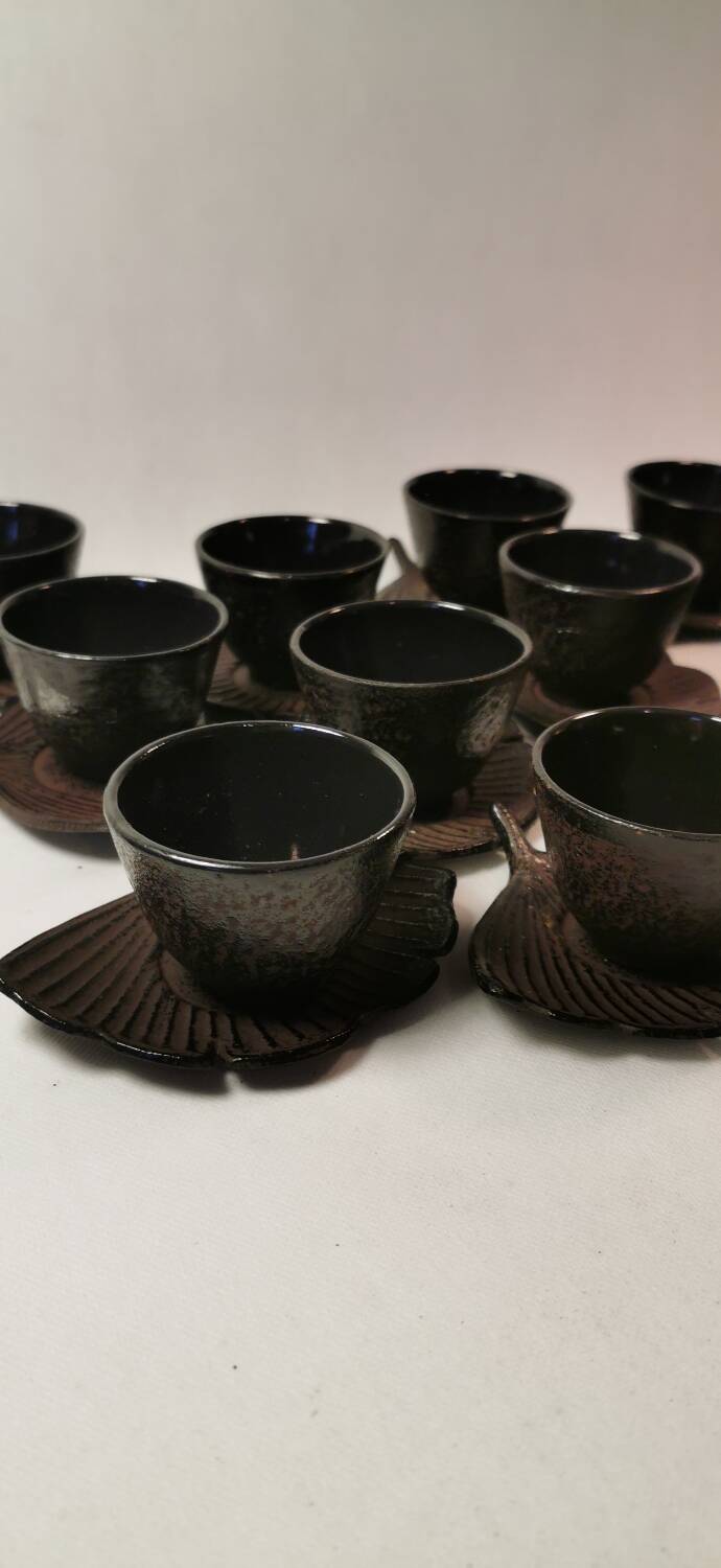 Set of 12 Asian Tea Cups and Saucers in Enameled Cast Iron