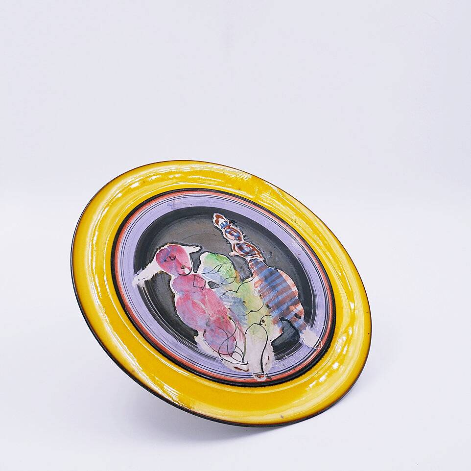 Gilbert Portanier Unique Art Yellow Pottery Plate Signed - 1982 - Vallauris