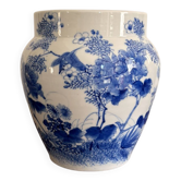Ancien Vase Pot Fleurs Bleu Blanc Porcelaine Oiseau Arita Imari Seto Pivoin