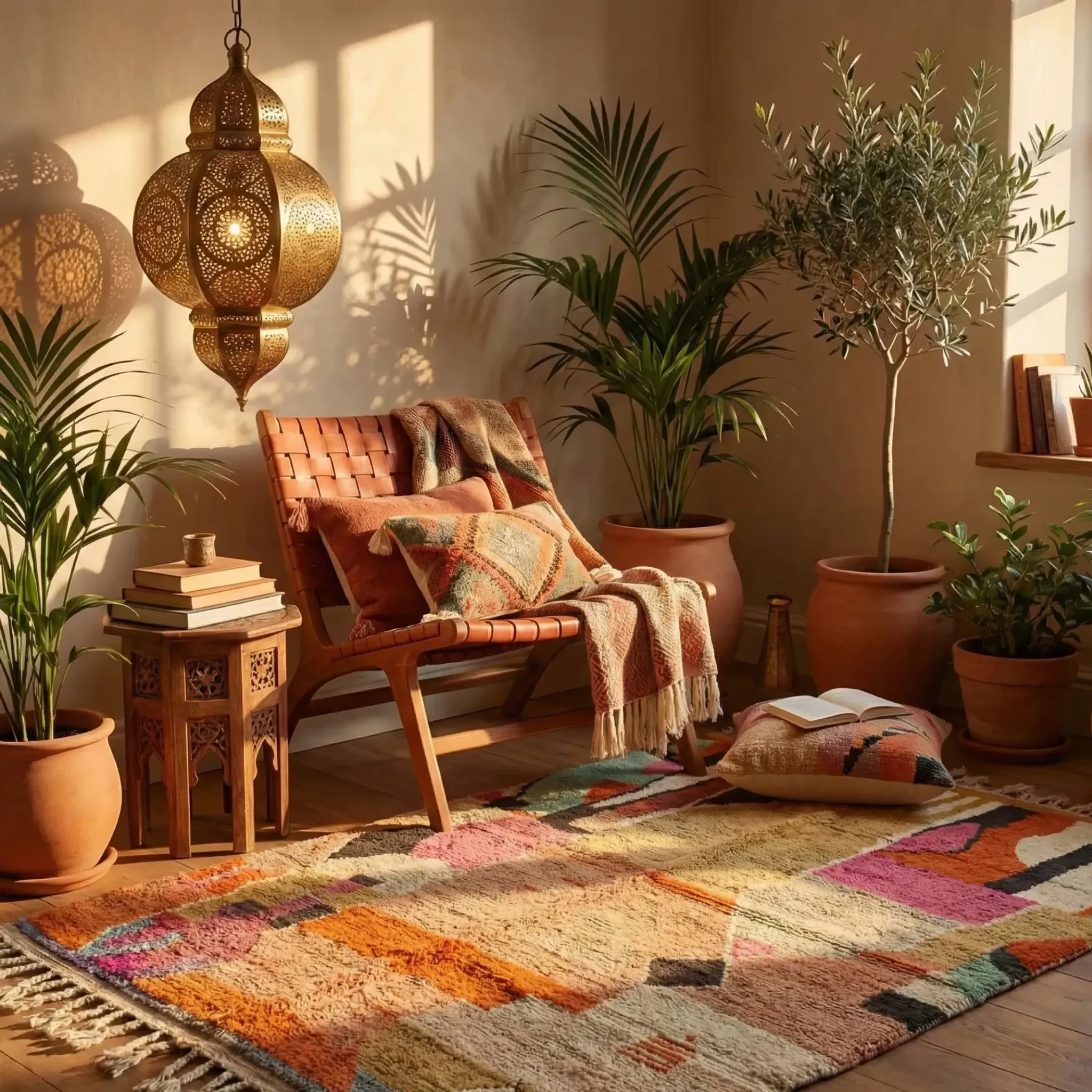 Moroccan handwoven wool rug in colour block peach, pink, teal, and orange, 122x183 cm.