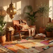 Moroccan handwoven wool rug in colour block peach, pink, teal, and orange, 122x183 cm.