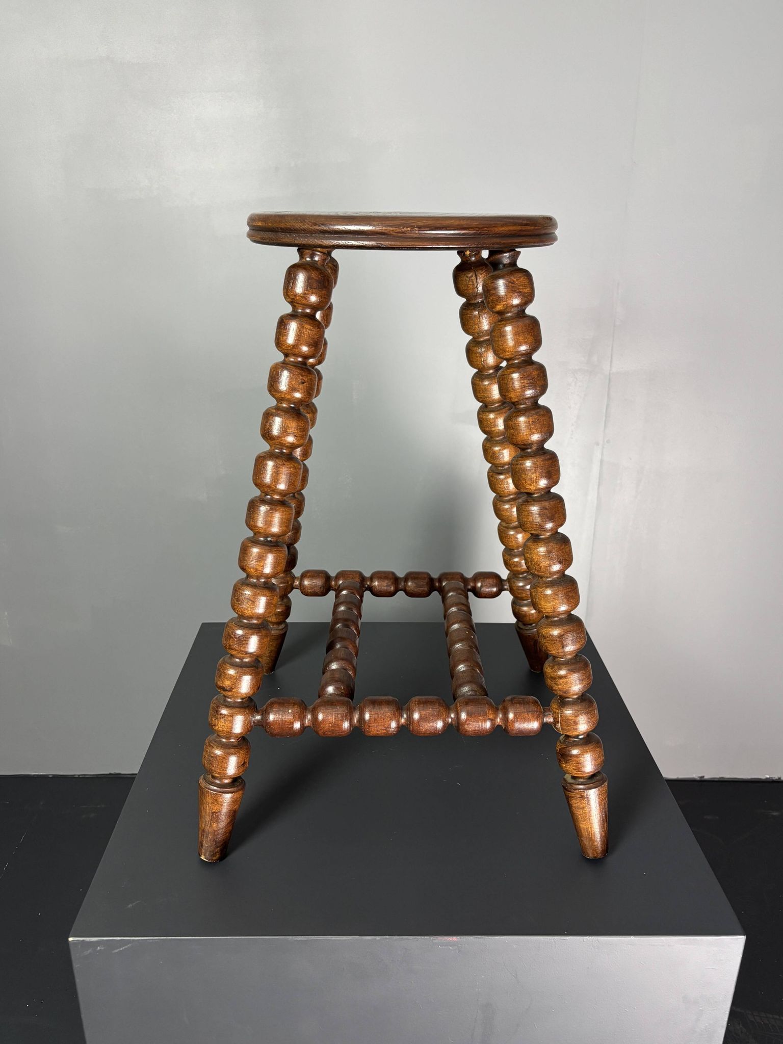 Midcentury brutalist wood turned stool in the style of Charles Dudouyt, 50s