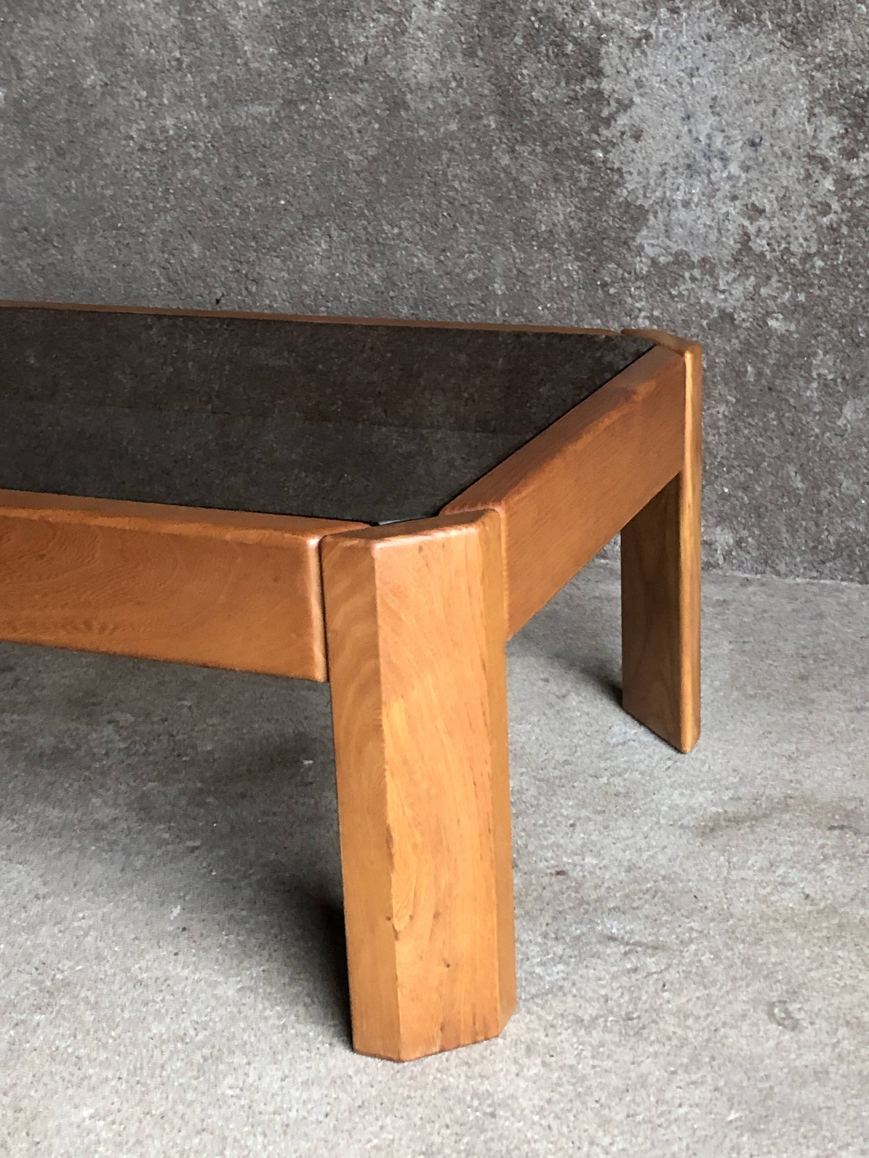 Coffee table in light wood and smoked glass, 1980s