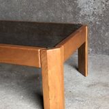 Table basse en bois claire et verre fumé, années 80
