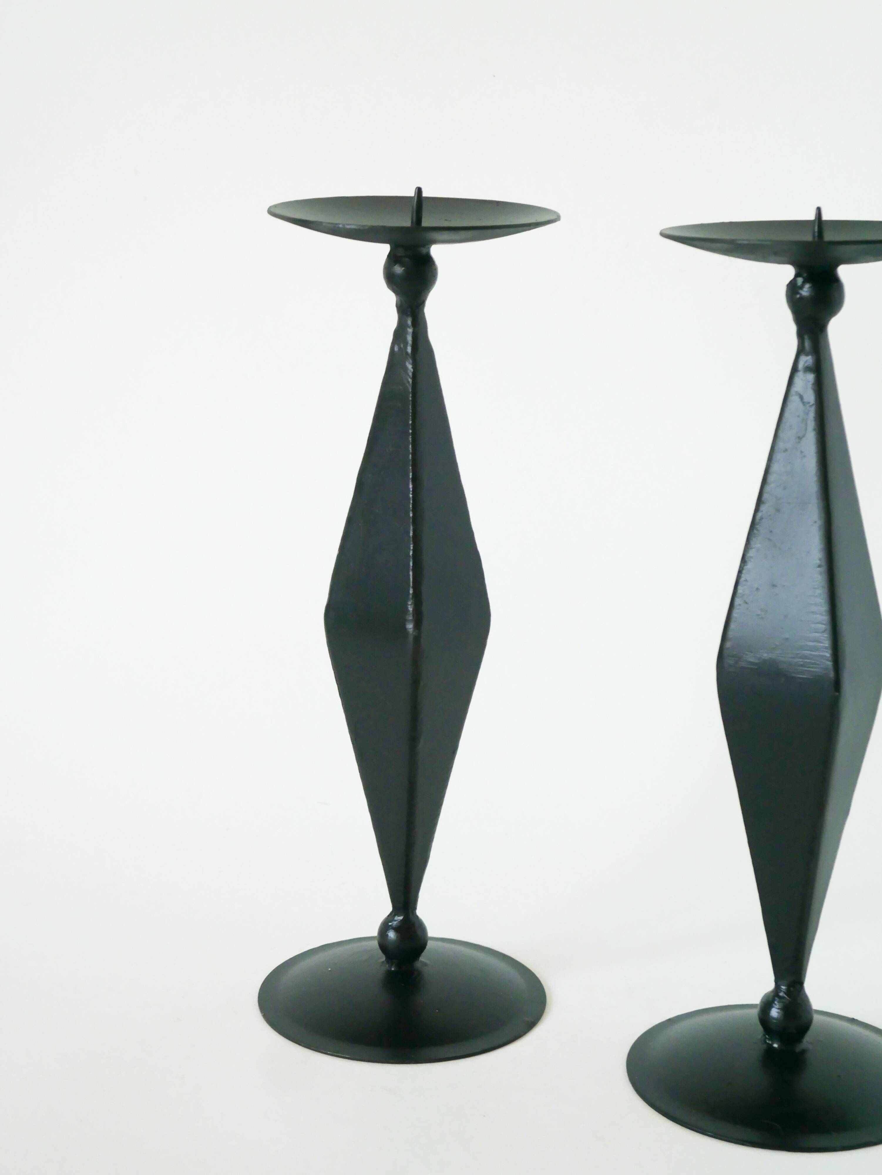 Pair of wooden and wrought iron candlesticks, Sculptural, 1970