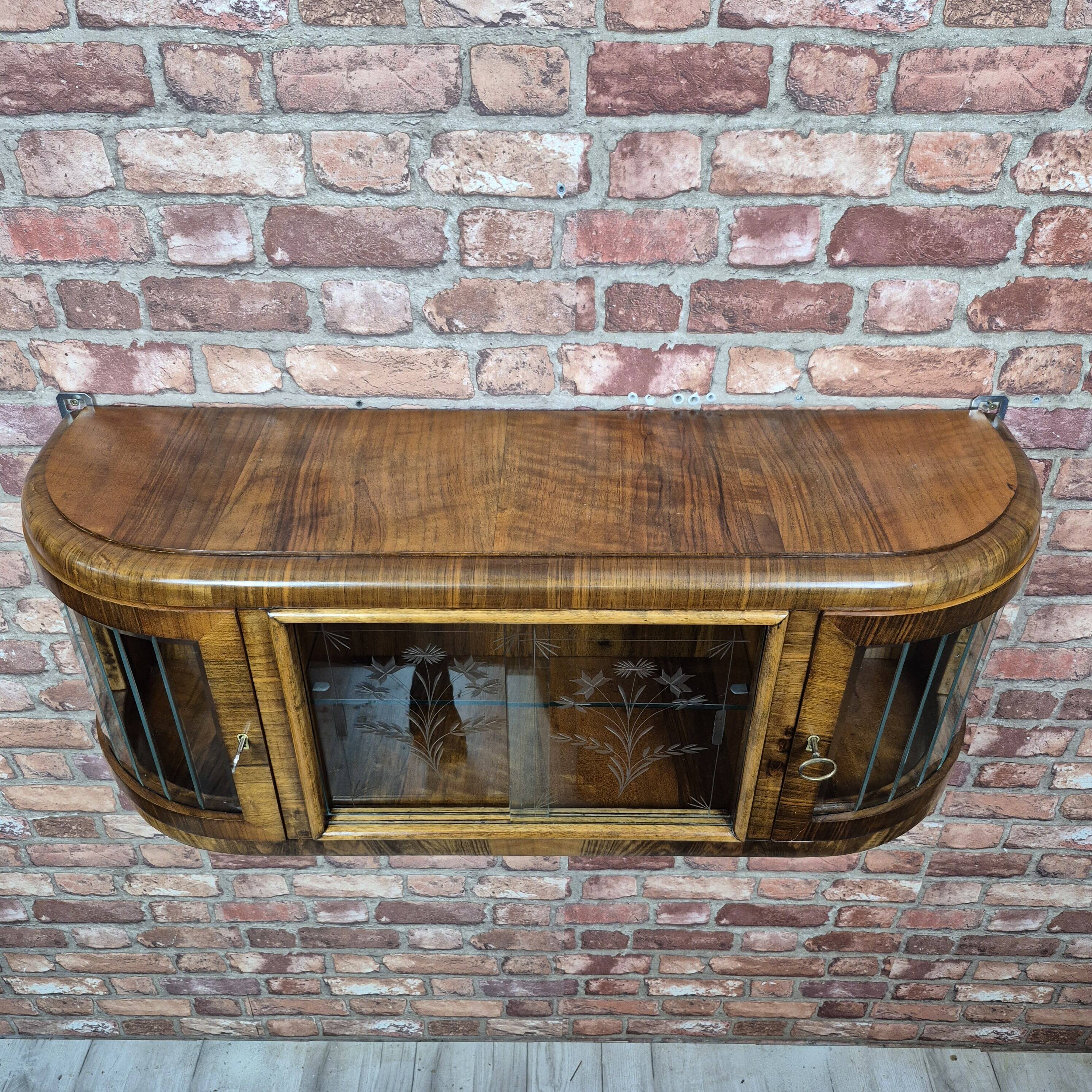 Upcycled Art Deco Walnut Wall Cabinet with Engraved and Slatted Glass - 193