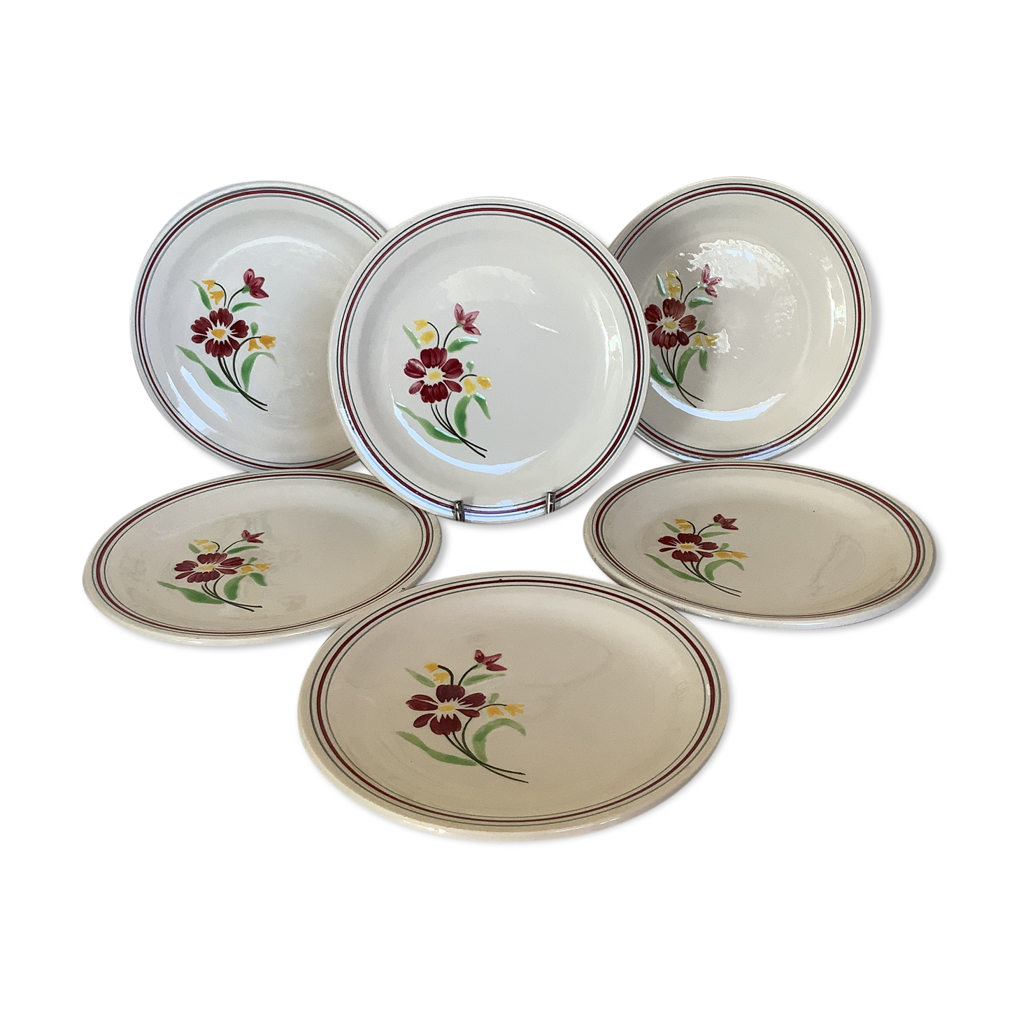 6 old dessert plates with garnet flowers from France