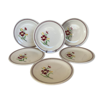 6 old dessert plates garnet flowers saline France